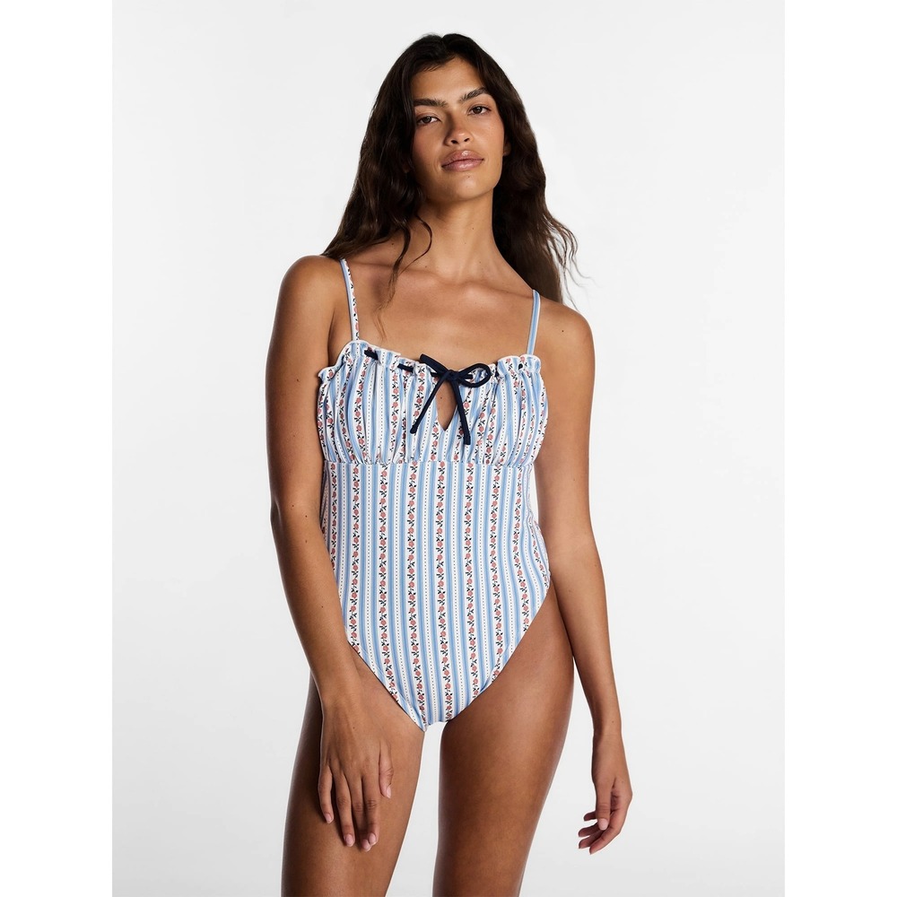 Kacey Lee One Piece Swimsuit Women L Blue Floral Stripe New Ruffle Tie Front